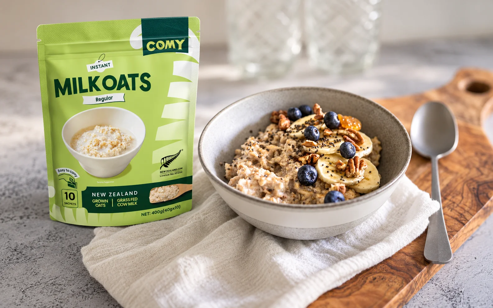 COMY MilkOats Regular beside a bowl of oats topped with banana, blueberries and nuts on a linen-covered wooden board