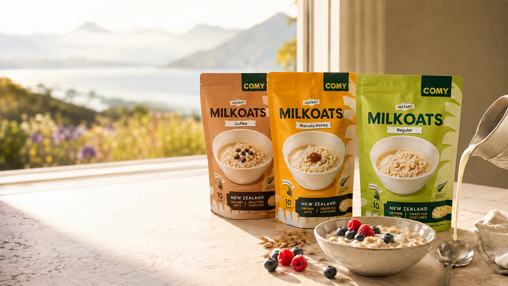 COMY MilkOats with a creamy oat bowl in the morning light