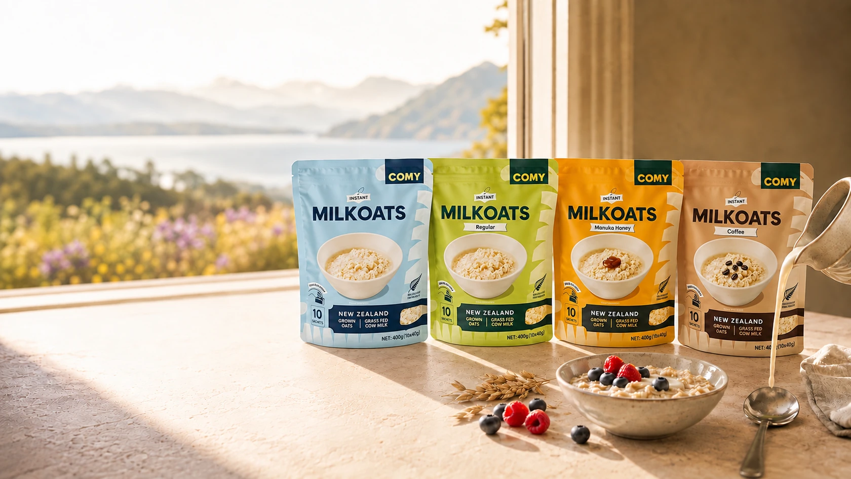 Four COMY Milk Oats varieties: Milk Oats, Regular, Manuka Honey and Coffee, with a creamy oat bowl in the morning light