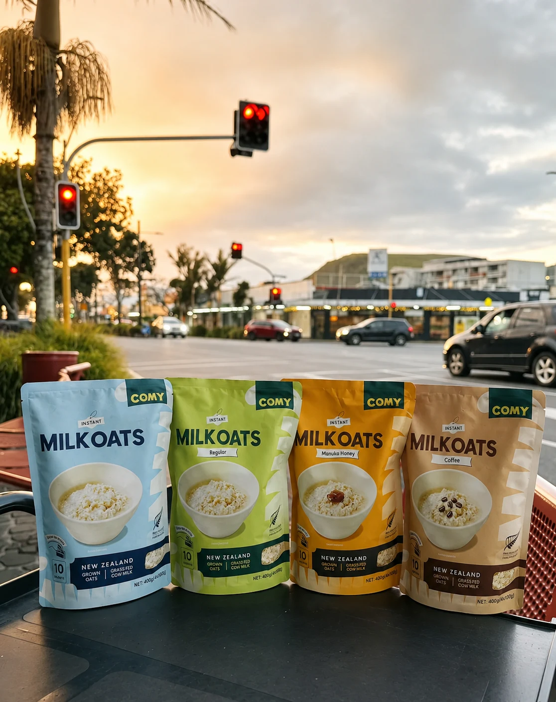All four COMY Milk Oats varieties together in Auckland