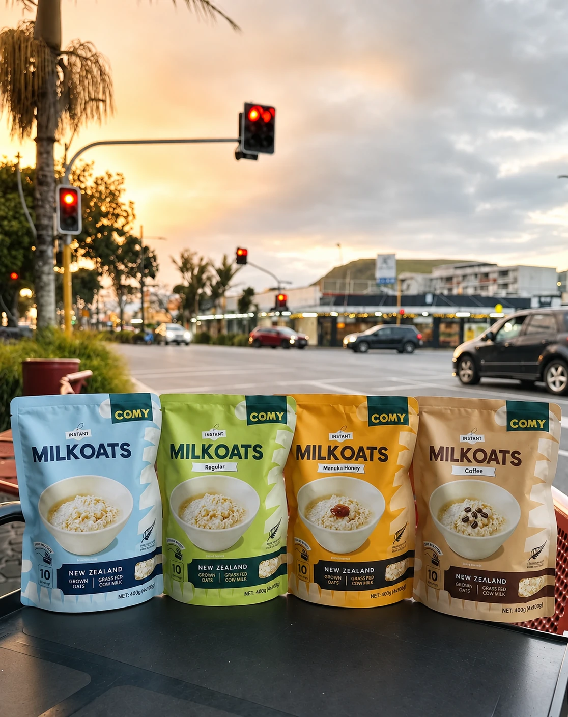 All four COMY Milk Oats varieties together in Auckland