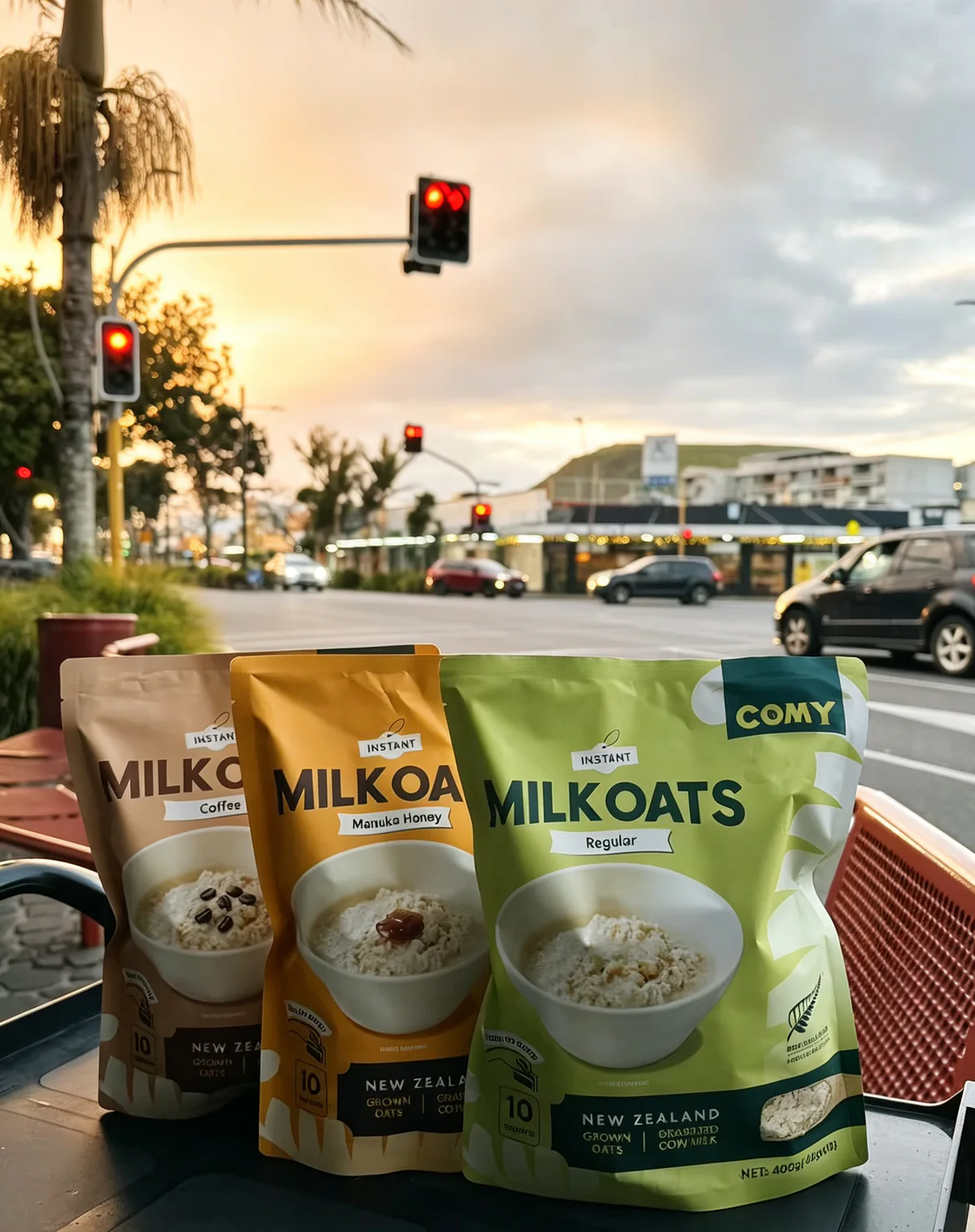 Three COMY MilkOats flavours photographed in Auckland